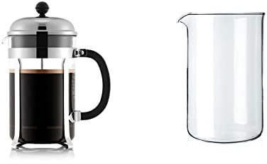 BODUM Chambord 12 Cup French Press Coffee Maker, Chrome, 1.5 l, 51 oz & 1512-10 12 Cup Coffee Press Beaker, Glass - Transparent, 1.5L