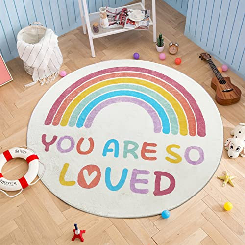 Enyhom Weicher Kinderteppich Rund 120 cm, Spielteppich Vorleger Babyteppich Waschbar rutschfest Pflegeleichter, Regenbogen und Alphabet Muster, Krabbelmatte fürs Kind