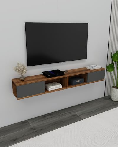 Colin Floating TV Stand with Shelves and Cabinets, H 19.6 cm | W 140 cm | D 22 cm (Light Walnut & Anthracite)