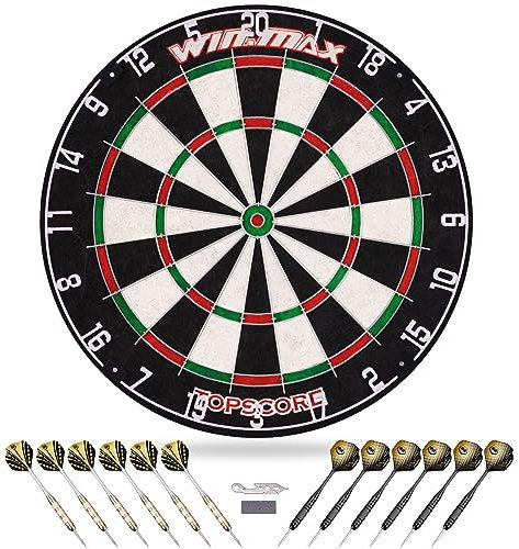 WIN.MAX Dartscheibe Kork Mit Pfeilen - Offizielles Steeldart Set Mit 12 Dartpfeilen Metallspitze, 24 Flights