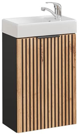 EINFACH GUTE MÖBEL Badezimmer Raumspar-Waschplatz 40cm | inklusive Keramik-Waschbecken | (schwarz-Eiche)