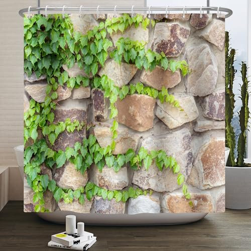 SDOTPMT 180x243cm Italienische Natürliche Landschaft Duschvorhang Retro Steinwand Grüne Pflanzen Blätter Bad Vorhang Mediterrane Stadt Badewanne Vorhang für Kinder Badezimmer Dekor mit Haken