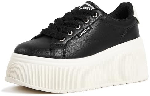 LUCKY STEP Zapatillas de Moda para Mujer con Plataforma | Zapatos Clásicos con Cuña de Lona Casual Bajas Retro para Caminar (Negro, 8US-38EU-5UK)