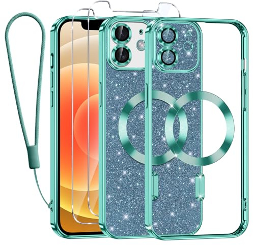 Kokio Handykette für iPhone 12 Hülle mit Band, [Kompatibel mit MagSafe] Glitzer Magnetisch Handyhülle für iPhone 12 mit 2 Stück Schutzfolie Stoßfeste Silikon Schutzhülle, Grasgrün