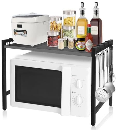 ASelected Expandable Microwave Oven Rack Height Adjustable 2 Tier Kitchen Counter Shelf Rack 6 Hooks Width 40 or 60Cm Black