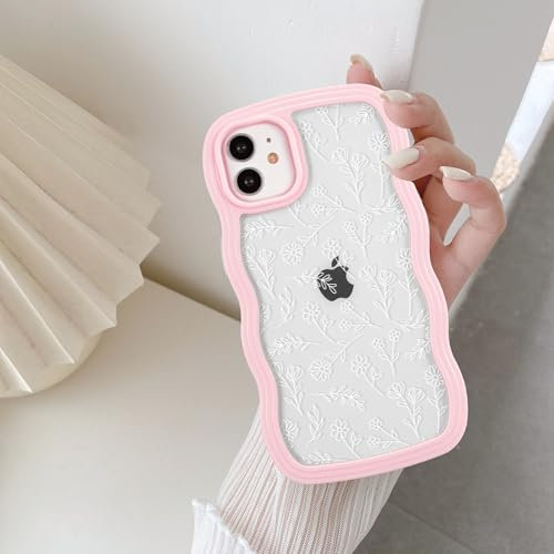 QLTYPRI Compatible with iPhone 11 Case, Cute Curly Wave Frame Clear Case for Girls Women, Flower Clear TPU Bumper Slim Soft Silicone Shockproof Protective Phone Cover for iPhone 11 - White Floral/Pink