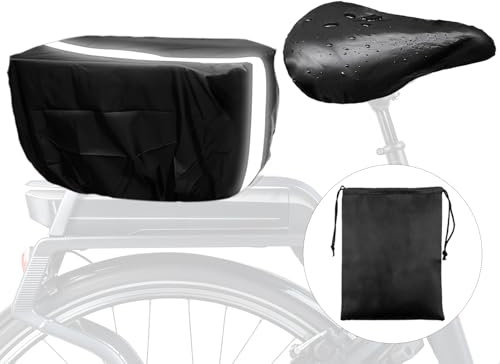 2er Set Regenschutz Fahrradkorb, Fahrradkorb Abdeckung mit Reflektorstreifen,Fahrradsattel Regenschutz mit Aufbewahrungstasche für Die Meisten Fahrradkörbe (Schwarz)