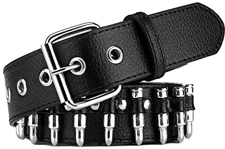 Y2K Punk Gürtel Silber Metall Ösen Gürtel Ledergürtel Bullet Niet Gürtel Verstellbarer Cinchgürtel Bund Hip Hop Nietengürtel, Black Bullet, 110cm*3.8cm