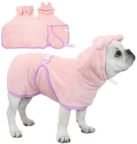 Fnaobai Peignoir pour Animal de Compagnie pour Chien et Chat - Séchage Rapide - Serviette de Bain à Capuche - Col réglable et Sangle Ventrale pour Piscine et Plage (Rose, Taille XS)
