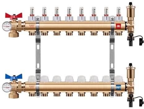 MD Technic Heizkreisverteiler Messing 8 Heizkreise Kugelhahn Winkel | Durchflussmesser, Handventilen, Montage/Wandhalterungen, Endset zum Befüllen, Auto. Schnellentlüftern, von 2 - 16 Heizkreisen