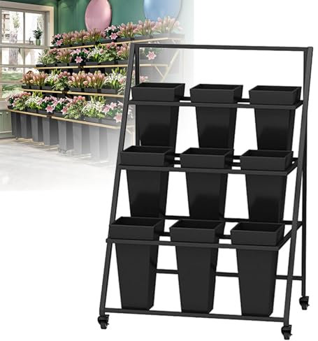 Blumenständer, Pflanzenständer, Blumenständer aus verdicktem Eisen, mit Rädern und Eimer, Blumenregal aus Schmiedeeisen (A