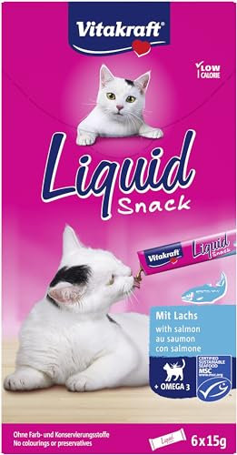 Vitakraft Liquid Snack, Katzensnack flüssig, mit MSC-Lachs, Katzenleckerlies, mit Omega3 Fettsäuren, für gesunde Haut, kalorienarm (1x 6 Stück) (Packung mit 10)