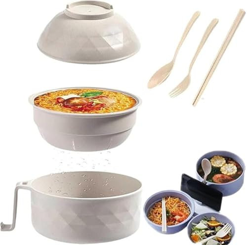 Lot de 6 saladiers Ramen avec couvercle et couverts,vaisselle japonaise pour ramen,passe au micro-ondes, kit complet avec cuillère, fourchette et baguettes,Approprié pour la maison et les idées(beige)