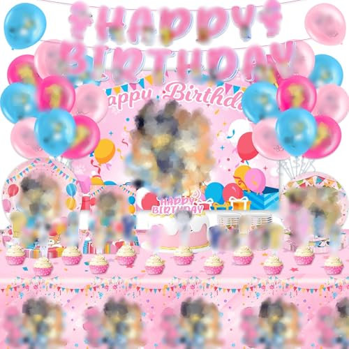 84Pcs Birthday Party Tableware Set for Kids, Pink Cartoon Dog Birthday Party Supplies with Banner Tablecloth Latex Balloons Plates Cups Napkins and Cupcake Toppers for Boys Girls Birthday Decorations