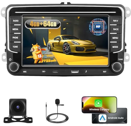 Fuluku 4+64G Android Autoradio für VW Golf 5 6 Polo Tiguan Passat Touran Caddy T5 Trasporter Skoda Wireless Carpaly&Android Auto, 7''IPS Bildschirm Radio USB/Type-C/Bluetooth 5.0/GPS/Rückfahrkamera/FM