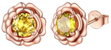 FOCALOOK Boucles d'Oreilles Femme Clous Rose en Vermeil avec Pierre de Naissance de Novembre, Puces d'Oreilles Serti de Topaze Bleue