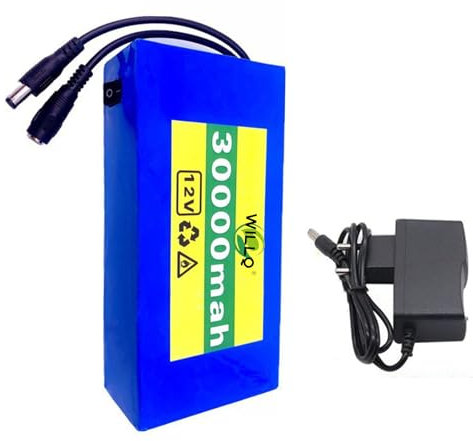 WILLQ Batteria agli ioni Litio DC 12V 30Ah Batteria Ricaricabile 12V 30000mAh Batteria ai polimeri Litio Portatile 12 Volt con Caricabatterie per apparecchiature Alimentazione 12V