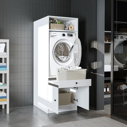 ROOMART • Armadio per lavatrice con piastra estraibile e cassetto • Salvaspazio • Pratico • Ideale per ripostiglio (bianco, 1 armadio – altezza 184 cm)