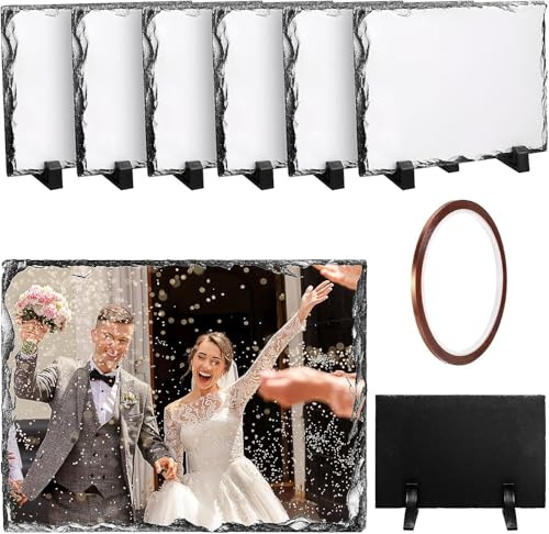 MSYU Sublimationsschiefer, blanko, 14 x 19 cm, Thermotransfer-Foto-Display, Basteln, personalisierbar, rechteckig, Wärmepresse, Steinstein, mit Displayhalter und Wärmeband, 6 Stück