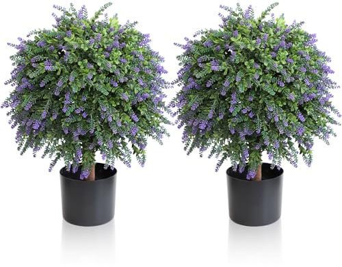 momoplant Artificial Plants Lavender Topiary Ball Trees in Pot, UV Resistant Fake Bushes with Flowers for Outdoor Indoor Home Office Garden Front porch Decor