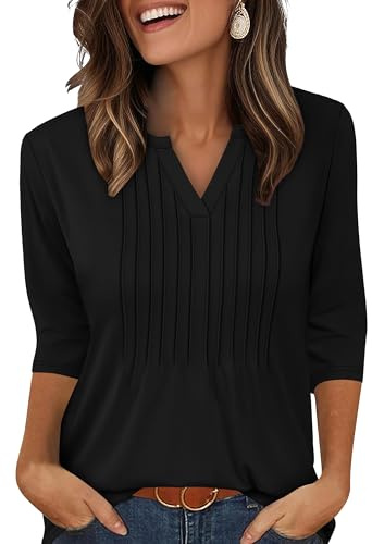 XIEERDUO Womens 3/4 Sleeve Tops Ladies Blouse V Neck Tunic Long Sleeve T Shirts Curved Hem Office