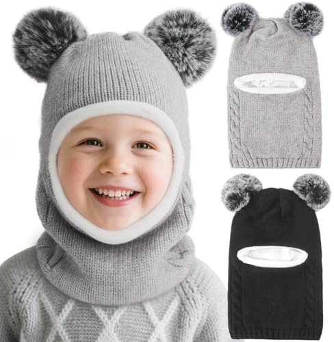 DRESHOW Kinder Wintermütze Warme Schal Schlupfmütze Strickmütze Kapuze Weiche Schalmütze mit Doppelt Bommel Pom Pom Beanie Mütze für Kleinkinder Jungen Mädchen 1-6 Jahre