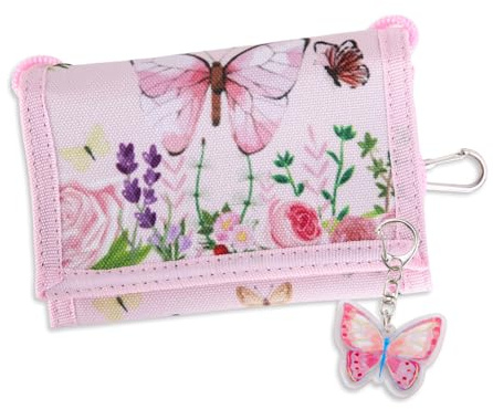 Schmetterling Brieftasche für Kinder Portemonnaie Mädchen, Brustbeutel Kinder mit Schlüsselanhänger, Dreifach Faltbare Geldbörse Mädchen mit Schlüsselband aus Schmetterlinge für Schule und Reisen