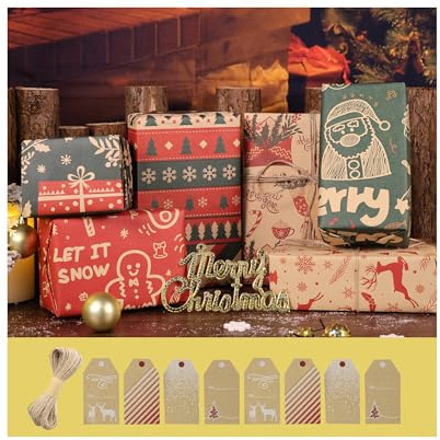 Geschenkpapier Weihnachten, Recyceltes Kraft Geschenkpapier große Blätter mit Band, Weihnachtskarte Anhängern, Weihnachtsgeschenkpapier geschenkpapier Grün weihnachten (Rot und Grün)