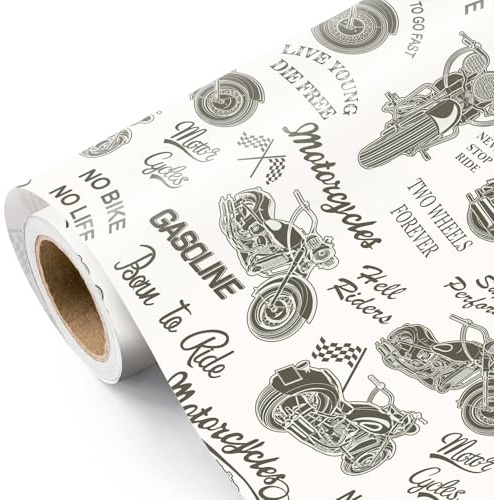RUSPEPA Motorrad-Geschenkpapier – Mini-Rolle – 43,2 cm x 5 m Vintage-Motorrad-Geschenkpapier für Herren für Bikerpartys, Geburtstage, Vatertage und Hochzeiten