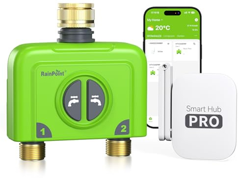 RAINPOINT Programador Riego WiFi 2 Salidas, Entrada y Salida de Latón, Smart Puerta Enlace de Antena, Riego Automatico WiFi Via App/Voz Control, Retraso por Lluvia/Manual, para Jardín, 2x6 Horarios