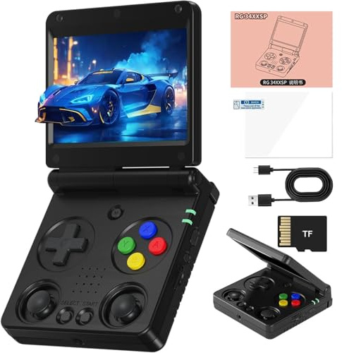 RG34XXSP Console Di Gioco Portatile Retrò 3300 MAh Battey, Schermo Da 3,4 Pollici Portable Pocket Arcade Supporto 30+ Simulatori 5G Wi-Fi Bluetooth HD Retro Gaming Console-Black||64G