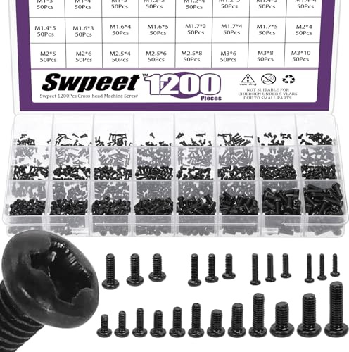 Swpeet 1200Pcs 24 Sizes M1 M1.2 M1.4 M1.6 M1.7 M2 M2.5 M3 Phillips Flat Head Machine Screws Assortment Kit, Small Cross-head Flat Round Head Screws Tiny Fastener for Furniture Connection