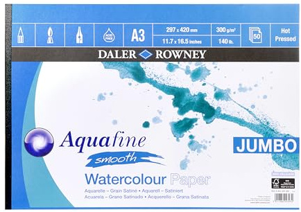 Daler-Rowney Aquafine Smooth Hot-Pressed Watercolour & Gouache 300gsm A3 Paper Pad, Natural White, 50 Sheets, Ideal for Professional & Beginner Artists, Acid-Free