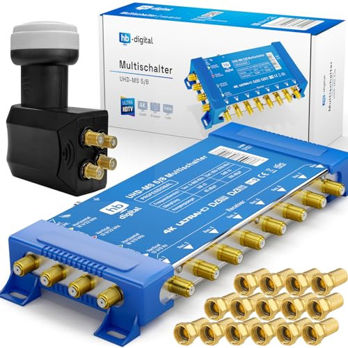 Hochwertiger Quattro LNB + Multischalter pmse 5/8 HB-DIGITAL 1x SAT bis 8 x Teilnehmer/Receiver für Full HDTV 3D 4K UHD mit Netzteil + 25 Vergoldete F-Stecker Gratis dazu