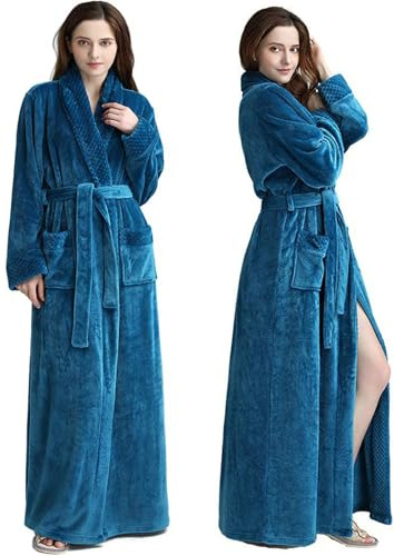 Oksun Dressing Gown Women Full Length Robe Plus Size Fleece Winter Warm Bathrobe , Blue, UK14-20(label XL)