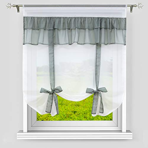 Heichkell Voile Halbtransparent Raffrollo Raffgardine mit Tunnelzug Doppelte Spitze Scheibengardine Raffung durch Bändchen Grau B×H 60×140cm