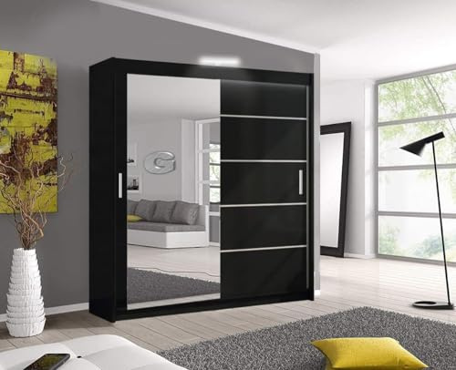 LYON Modern Bedroom Mirror sliding door wardrobe with 2 LED Light Width 150cm/180cm/203cm (150cm, Black)
