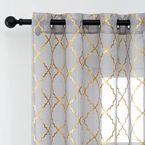 Kotile Gold Grey Sheer Curtains 63 Inch Length 2 Panels Metallic Gold Moroccan Ogee Pattern Sparkle Sheer Curtains for Bedroom, Grommet Light Filtering Privacy Shimmer Window Curtains, W52 x L63 Inch