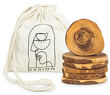 Olive Wooden Coasters by Darido - Round Coasters - Vintage Beer Mats (Set of 6) - Non-Slip Placemats - Handmade Coaster to Stand Mugs, Cups, Glasses, Bottles - Bar and Kitchen Equipments