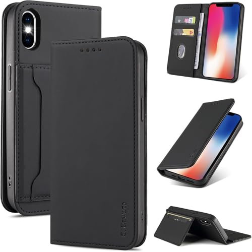 S. Dawezo Handyhülle für iPhone X,iPhone XS Hülle,Premium Leder Klappbare Flip Case [Stoßfeste][Magnetische][Standfunktion] [Kartenfächern] Tasche Schutzhülle für iPhone X,iPhone XS-Schwarz