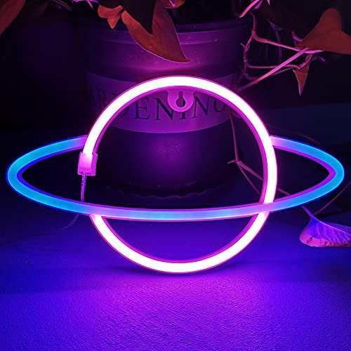 Bipily Planet Neon Lights LED Neon Light Sign Neon Wall Light Battery/USB Operated Neon Light Art Decorative Neon Lights Neon Signs for Walls Light up Signs for Bedroom Walls Party-Pink Blue Planet