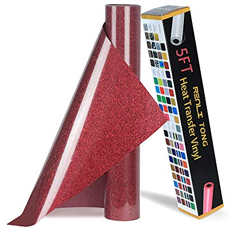 RENLITONG Red Glitter HTV Heat Transfer Vinyl Rolls - 12 Inch x 5 feet Iron on Vinyl for T-Shirt and Silhouette, Easy to Cut & Weed for Heat Transfer Design (Glitter Red)