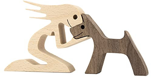 BOBO BIRD Holzstatue für Hunde Katze Familie handgefertigte Holzdekoration niedlicher Welpen Kätzchen und Menschen Statue Skulptur Ornament Sammelfigur Kunst für Zuhause Büro Wohnzimmer