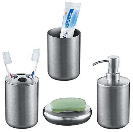 Relaxdays Badezimmer Set, 4-teilig, Seifenspender, Seifenschale, Zahnputzbecher, Zahnbürstenhalter, Edelstahl, Silber