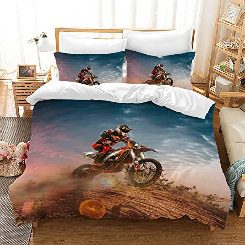 AVJWWD Motocross Bettwäsche Sets, 3D-gedrucktes Muster von Extremsport-Motorrad-Themen-Bettbezug mit 2 Kissenbezügen, für Erwachsene und Kinder (135 x 200 cm, Moto5)