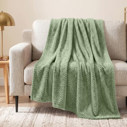 PAVILIA Sage Green Throw Blanket for Couch Bed, Soft Fleece Throws for Sofa Chair, Fuzzy Waffle Textured Blanket, Cozy Warm Lightweight All Season Blanket Throw, 50x60