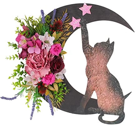 DonDown Blumenkranz Deko zum Aufhängen,Katzenkranz Pflanzenhalbmonde mit lila Blumen Sternen Türkranz Ganzjährig,Halloween Herbstkranz Haustür Dekoration Herbstkranz Haustür (A, 33X28cm)