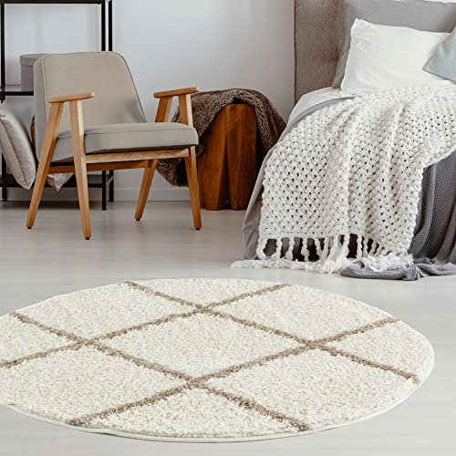 THE RUGS Shaggy Rug – Modern Moroccan Design Rugs for Living Room, Bedroom, Hallway, 3 cm Thick Area Rugs, (Diamond Ivory/Beige, 120cm Round)