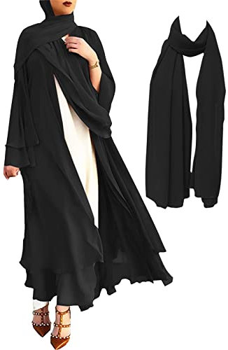 SocalmDown Frauen Chiffon Muslim Kleid Robe Nahen Osten Gebet mit Kapuze Arabisch Islamisch Dubai Gürtel Eid Lang Offene Vorderseite, Schwarz, Medium
