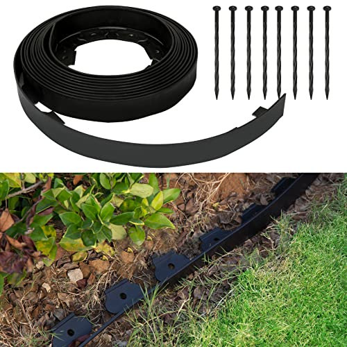 Izrielar Flexible Rasenkante aus Kunststoff mit 60 Erdanker zur Verankerung, Flexible Wurzelsperre System, Beeteinfassung rund Beetumrandung Länge 20m, Höhe 5cm, schwarz